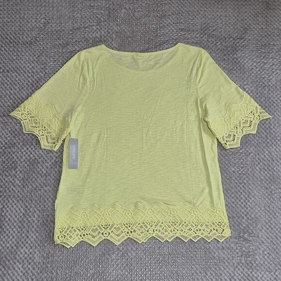 Chico's Cotton Modal Top Womens 2 US Large Slub Lace Hem Tee Lime Knit Casual - Picture 2 of 7